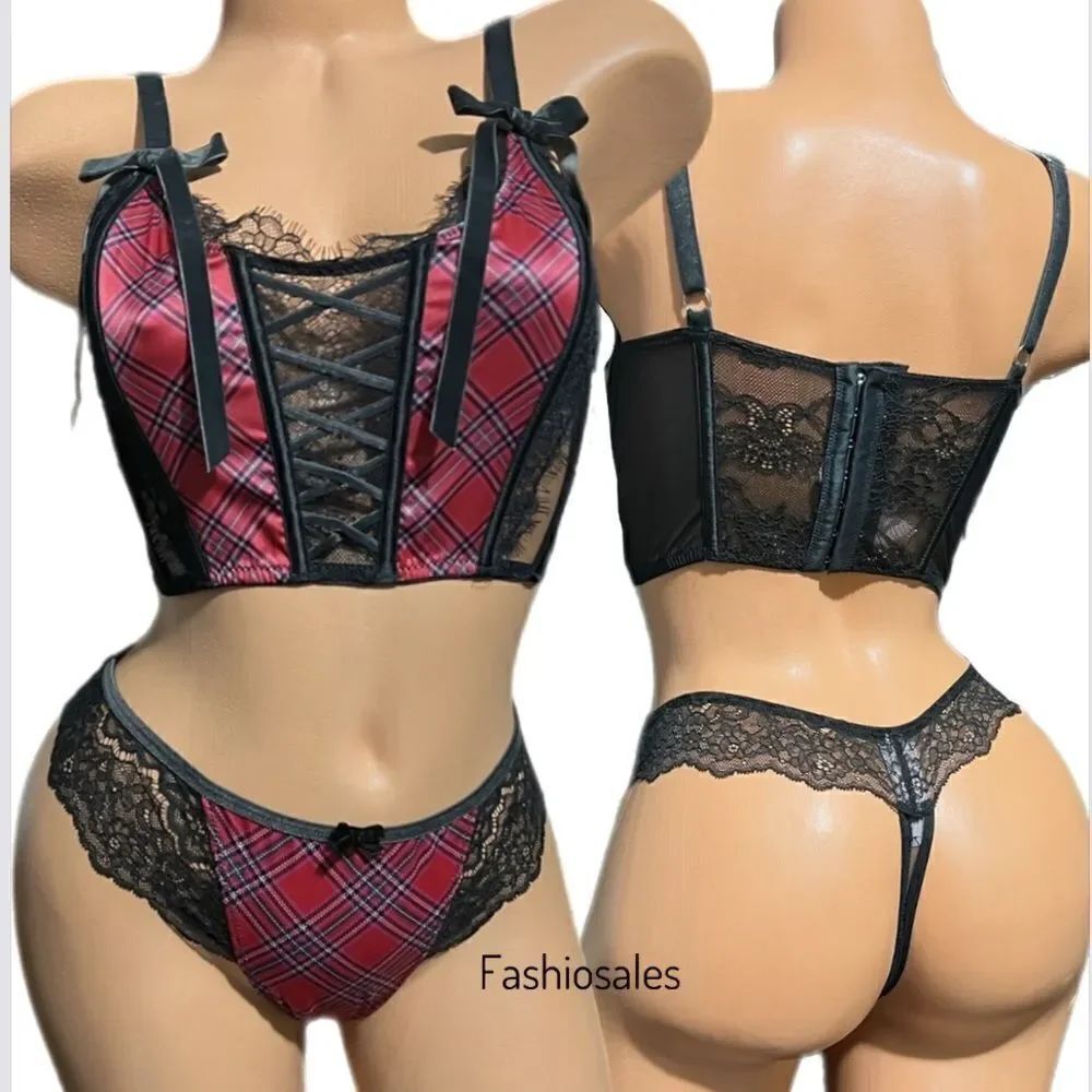 Victorias Secret Dream Angels Satin & lace Corset Bra & Thong Panty Red Plaid M